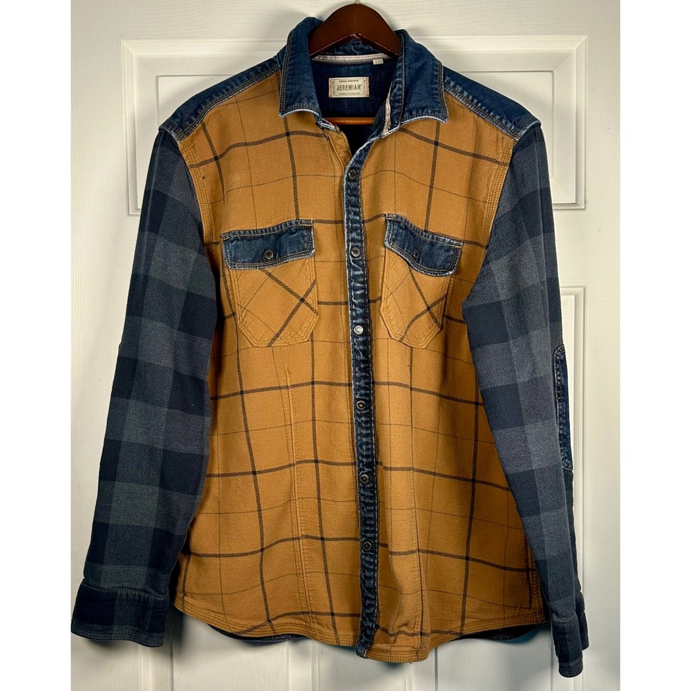 Jeremiah Mens XL Mixed Media Plaid Denim Workwear‎ Shirt Jacket Mustard Charcoal